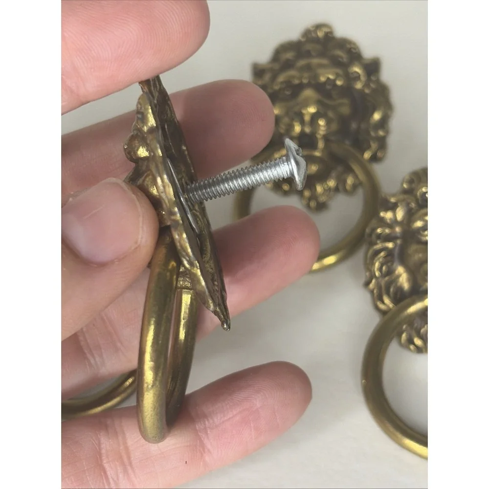 Set of 6 Solid Brass Lion Head Drawer Pulls Ring Handles Cabinet Hardware VNTG